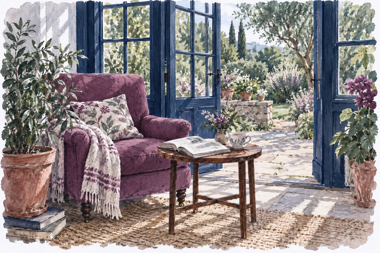 An illustrated reading chair by open garden doors in the morning sun